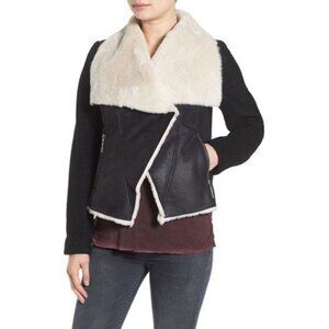 Betsey Johnson Jacket Sz L Black Mixed Media Faux Shearling Penny Lane Moto